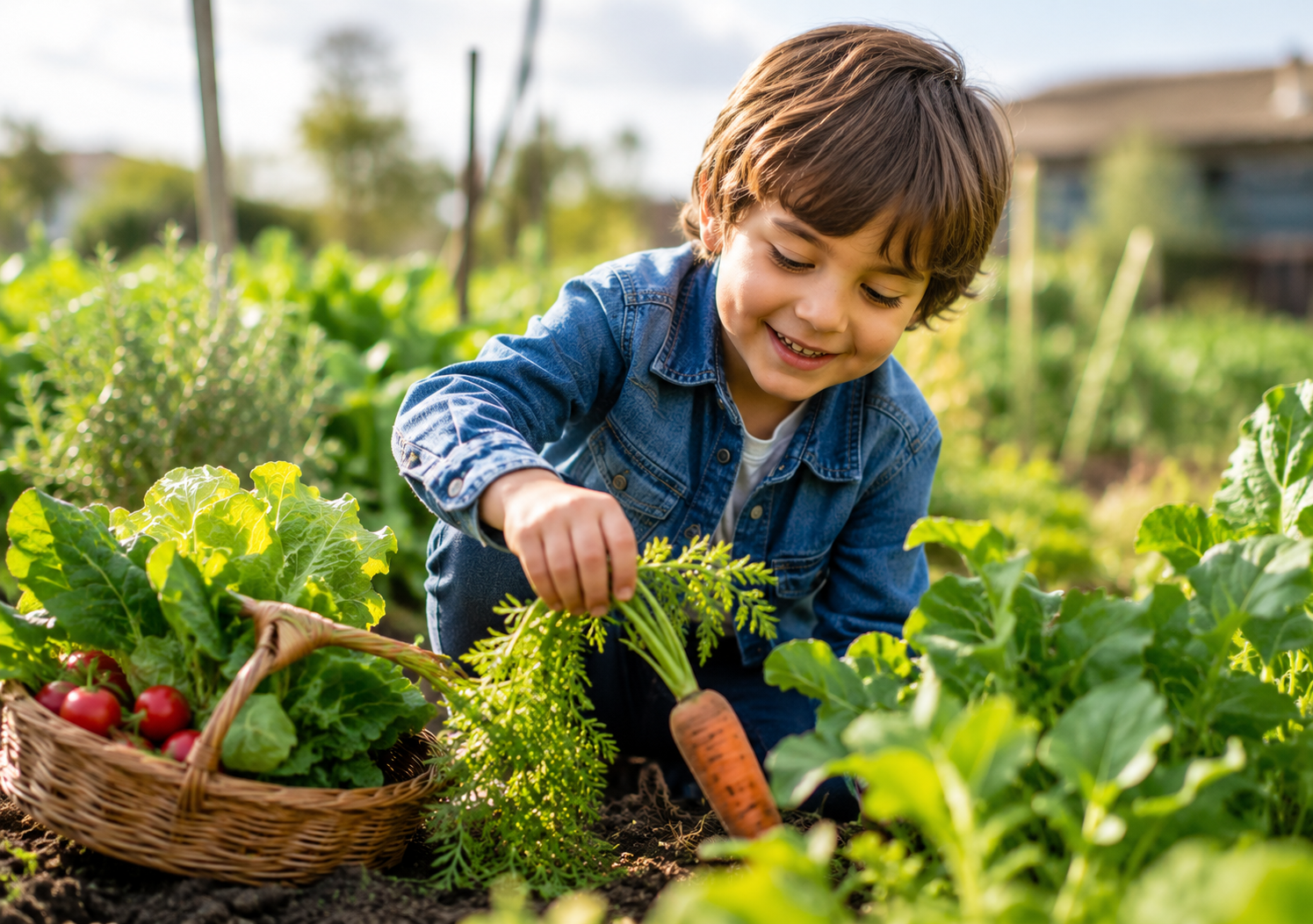 child harvesting vegetables in the garden fezta